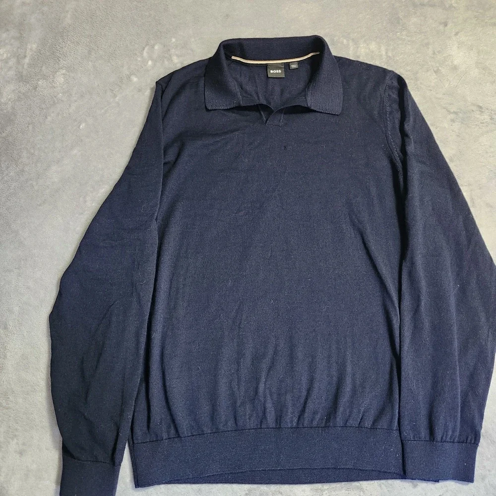 Hugo Boss Mens Navy Blue Long Sleeve Polo Sweater 100% Virgin Wool Size L Flaw
